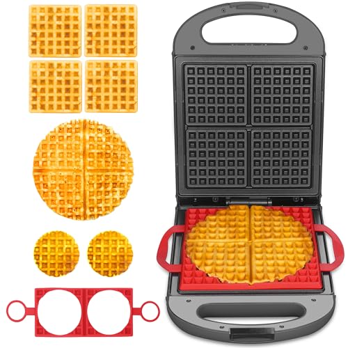 Baker's Friend Multi Shapes Waffle Iron Combo - Mini, American Classic, Belgian & Chaffle Maker, 2 Silicone Molds, Graphite