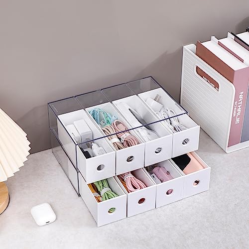 Yesesion 2 Pack Plastic Cord Organizer Drawers, Cable Storage Box with 40pcs of Wire Ties, Large Electronics Management Display Case for Desk Accessories, Office Supplies, USB, data Cable (White)
