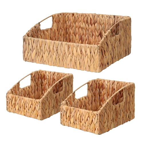 Ollieroo Natural Water Hyacinth Storage Baskets, Handwoven Wicker Storage Bins with Built-in Handles, Storage Container Baskets for Shelves, Bedroom, Bathroom, Laundry Room or Kitchen(Set of 3)
