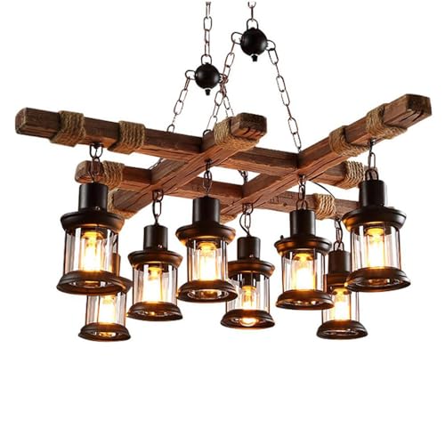 A Million 8 Lights Industrial Retro Wooden Chandelier Pendant Light Island Hanging Ceiling Fixture Vintage Farmhouse Wood Light Adjustable Chain for Home Cafe Bar Restaurant (39.4")