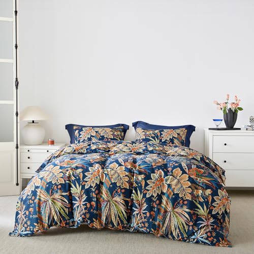 SUSYBAO Colorful Botanical Duvet Cover King 100% Egyptian Cotton 3 Pcs Set 1 Blue Tropical Leaves Patterned Duvet Cover with Zipper Ties 2 Pillowcases Luxury Soft Orange Aquatic Print Bedding Set