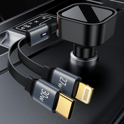 Retractable Car Charger 2-in-1 Fast Charging Type C and Lightning Cable USB C Car Charger Adapter Compatible with iPhone 15/14/13/12 Pro Max, Plus, Galaxy S23/S22/S21 Ultra, Pixel and More