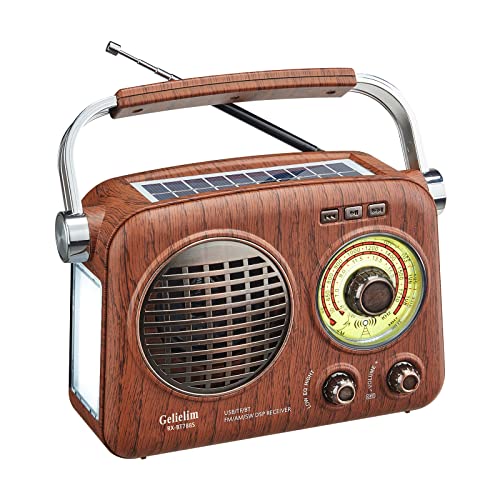 Gelielim Radios Portable AM FM SW,Vintage Radio Bluetooth Speaker with Crystal Clear Sound, Rechargeable Battery Powered, Retro Small Radio with Solar Panel & Flashlight, Gifts for Seniors Elderly