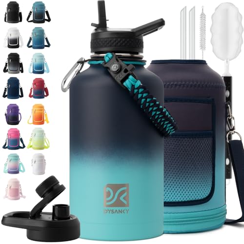 DYSANKY Insulated Water Bottle | Thickened Stainless Steel Vacuum Metal | Portable Sports Half Gallon Large Water Jug for Gym and Hiking with Straw, Carrier Bag, Handle Strap | BPA-Free 64 oz