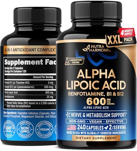 Alpha Lipoic Acid 600mg - ALA Supplement Antioxidant for Nerve, Energy & Metabolism Support - Extra Strength with Benfotiamine, Vitamins B1 & B12 - Lab Tested, NON-GMO & Vegan - 240 Capsules