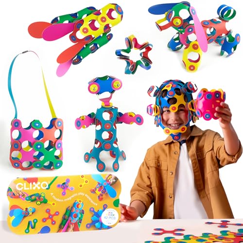 Clixo Rainbow 42 Piece Pack - Flexible, Durable, Imagination-Boosting Magnetic Building Toy- Modern, Modular Designs for Hours of STEM Play. A Multi-Sensory Magnet Toy, Travel Friendly. Ages 4-99