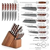 XINZUO Damascus 15-pc Kitchen Knife Set with Acacia Wood Knife Block, 67 Layers Damascus Steel Sharp Professional Cooking Knife Set -Multifunctional Kitchen Shears and Honing Steel -Rosewood Handle