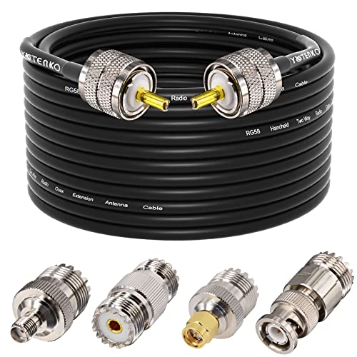 YOTENKO Ham Radio Coax Cable 50 Ohm,RG58 Coaxial Cable 49.2Ft,UHF PL259 Male to Male Cable + UHF SO239 Female to SMA/UHF/BNC Adapter 4-Pack,for CB,Amateur,Ham Radio,Two-Way Radio,SWR Meter