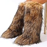 YXCFEWD Faux Fur Boots for Women Winter Knee High Furry Boots Fuzzy Fluffy for Girls Flat Snow Long Boots(Brown, 8)