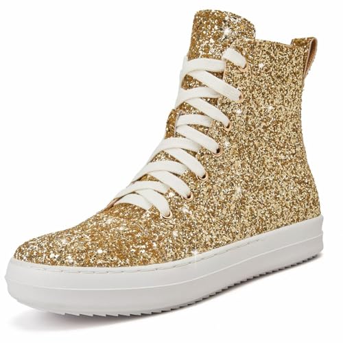 UBWDU Women's High Top Glitter Tennis Sneaker Platform Sneaker Shoes with Zipper Rhinestone Bling Wedding Bridal Shoes Shiny Sequin Shoes Gold