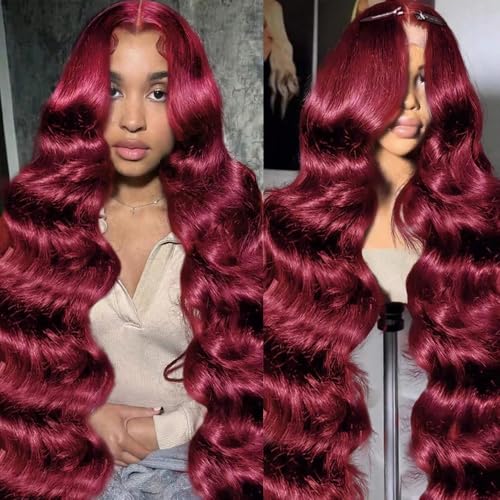 YINGRUN 32 Inch 13x6 Body Wave Lace Front Wigs Human Hair Burgundy Wig Human Hair with Baby Hair Around 200% Density Wig Pre Plucked 100% Unprocessed Brazilian Virgin Hair for Women