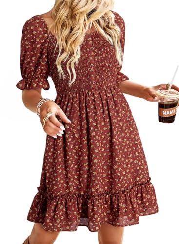 Dokotoo Summer Dresses for Women Ladies Short Sleeve Floral Spring Dresses for Women 2025 Casual High Waist Beach Bohomian Cute Babydoll Mini Dress Womens Fashion Sun Dress Brown Medium