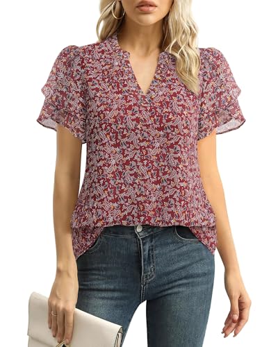 Paisley Tops for Women, Womens Chiffon Blouses V Neck Short Sleeve Vintage Boho Tops for Vacation Cute Summer Work Shirts Floral Red Blouses for Women Dressy Casual