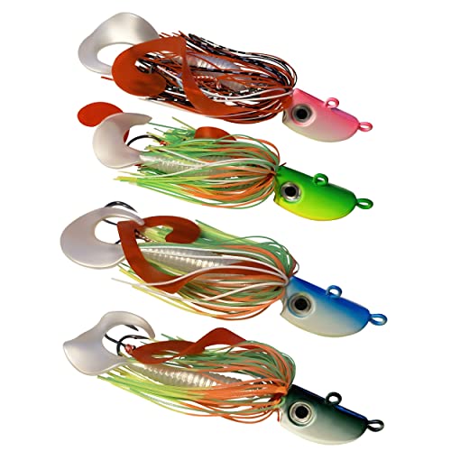Pack of 4 Jigs Bearded Bucktail Saltwater Octopus, Striper, Flounder, Fluke, Bass, Bluefish, Blackfish Offshore, Surf Fishing Speed, Slow Jigging, Vertical Pitching Lures Assorted Kit (2)