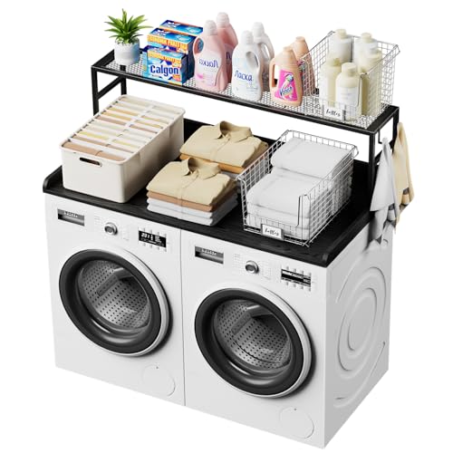 Washer Dryer Countertop with Shelf, Washer Dryer Topper, Solid Wood Washers and Dryers Countertop, 54" Width x 27.5" Depth Laundry Countertop for Laundry Room Organization and Storage, Black