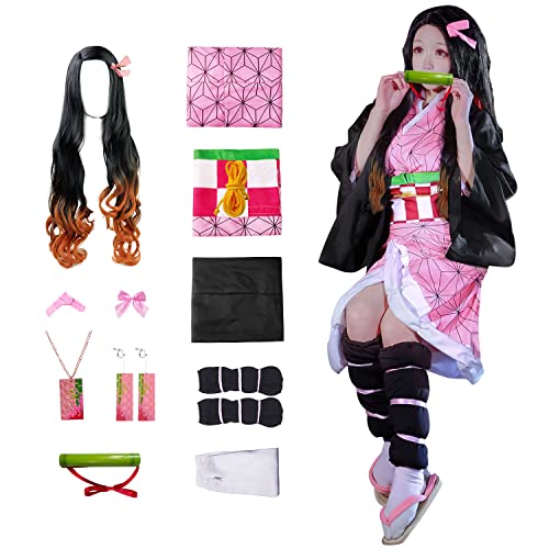 JYakeji 11 pcs Nezuko Cosplay Costume Kimono for Adult Girls Robe Japanese Anime Costume Halloween Kimono Outfit With Wig (Kid-120cm)