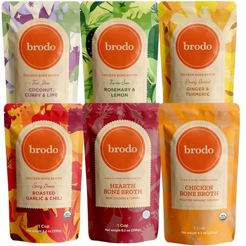 Brodo Broth Variety Pack | 1 Chicken, 1 Hearth, 1 Deeply Rooted, 1 Spicy Nonna, 1 Tom Yum, 1 Tuscan Sun Single Serving Pouches | Not Made From Concentrate, No Preservatives (6x 8.3 oz Pouches)