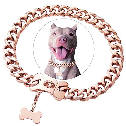 Rose Gold Stainless Steel Cuban Link Heavy Duty Dog Collar Necklace ,Small Dogs American Bully French Bulldog Dog Collar with Safety Buckle