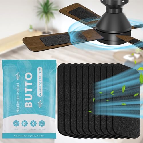 Butto 10-Pack Ceiling Fan Filters for Blades - Strong Adhesive Ceiling Fan Filters for Common Household Contaminants - Unscented Coconut Carbon Fan Air Purifier Pads to Make Air Fresh and Natural