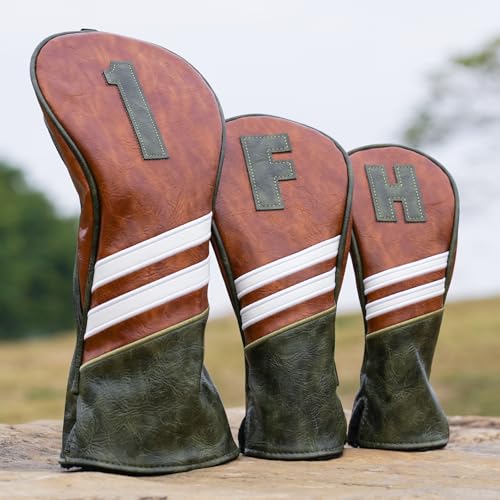 Craftsman Golf Club Head Covers 3pcs Classic Brown Golf Headcovers Set Golf Club Headcovers for Driver Fairway Utility/Hybrid Woods Headcovers