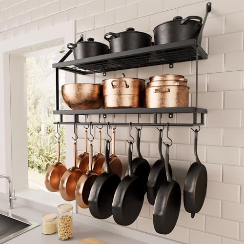 KES 30-Inch Kitchen Pot Rack - Mounted Hanging Rack for Kitchen Storage and Organization- Matte Black 2-Tier Wall Shelf for Pots and Pans Organizer with 12 Hooks - KUR215S75B-BK
