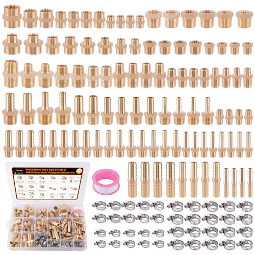 Dazakoot 146Pcs Hose Pipe Fitting & Barb Fitting Kit, 56Pcs Hose Pipe Fitting + 50Pcs Barb Fitting + 40Pcs Hose Clamp, Hex Nipple, Reducing Bushing, Reducing Coupling, NPT Coupling, Adapter, Union