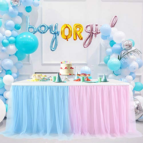 Suppromo 6ft Pink and Blue Tulle Table Skirt for Gender Reveal Tutu Table Clothes Cover for Baby Shower Boy or Girl Birthday Party Wedding Cake Gender Reveal Party Decorations Supplies