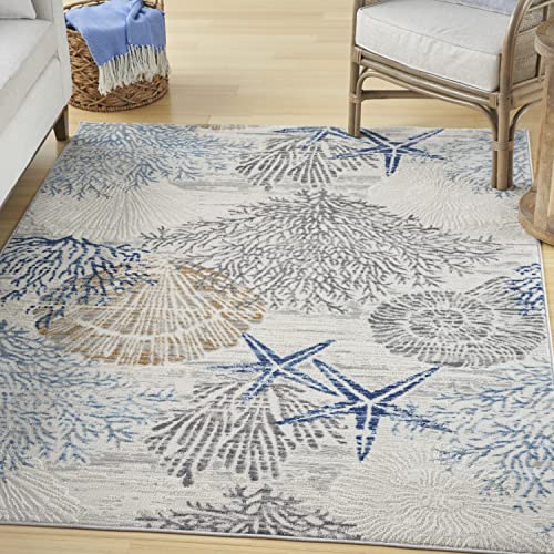 Nourison Pompeii Ivory Grey Blue 5'3" x 7'3" Area Rug, Coastal, Beach, Nautical, Easy Clean, Non Shedding, Bed Room, Living Room, Hallway, (5'3" x 7'3")
