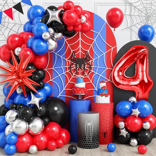 4th Spider Birthday Balloons Decorations, Spider Balloon Arch Kit with Royal Blue Black Red Silver Balloons, 40 Inch Red Number 4 Balloon Tower, Star Foil Balloons for Boys Superhero Theme Party