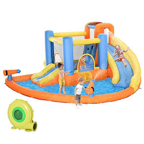 Outsunny Inflatable Water Slide, Kids Bounce House Water Park with Splash Pool, Climbing Wall, Air Pump, Water Cannon, Slide, Trampoline, 5-in-1 Bouncy Castle for Outdoor Backyard Fun with Air Blower