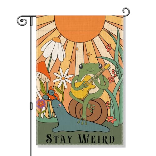 Perfectinsoy Stay Weird Retro Garden Flag, Snail and Frog Outdoor Banner, Funny Welcome Yard Holiday Farmhouse Patio Porch Lawn Outdoor Decor, Cute Frog Playing Guitar Flags, Housewarming Flag Gifts