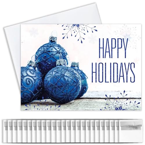 Happy Holidays Cards for Business & Family (Blue Ornaments & Snowflakes) Bulk Greeting Card Set Pack of 25 Christmas Cards with Envelopes (5-5/8 x 7-7/8 inch) Office, Work, Employees & Clients H1712