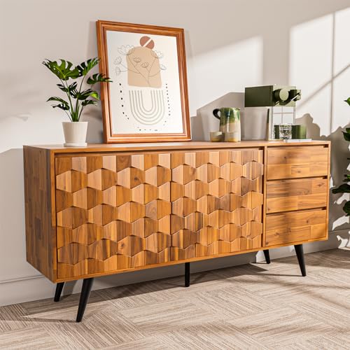 Bme Sideboard Georgina Solid Wood 2 Doors & 3 Drawers, 61'' Mid Century Modern Cabinet with Geometric Pattern for Kitchen, Dining, Living Room, Teak Brown