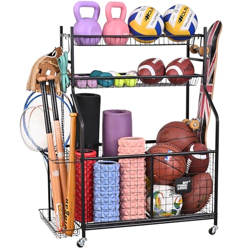 Mythinglogic Sports Equipment Garage Organizer,Garage Ball Storage for Sports Gear and Toys, Rolling Ball Cart with Wheels for Indoor/Outdoor Use