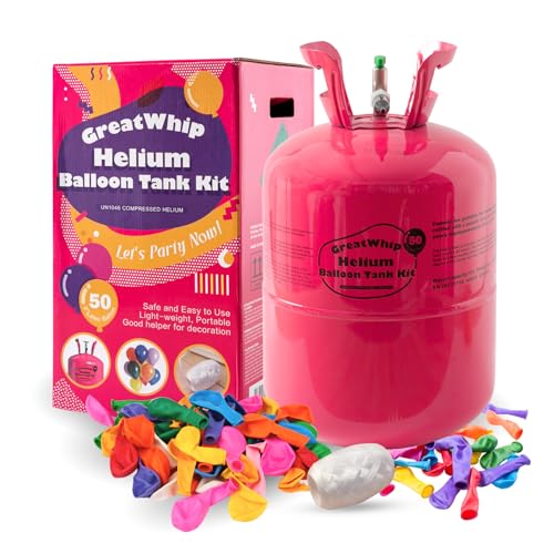 GreatWhip 13L Helium Tank Up To 50 Latex Balloons, Helium Tank For Balloons At Home, 50 Latex Balloons And Ribbons Included.