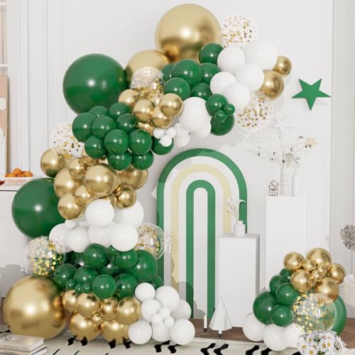 Green and Gold Balloons Garland Arch Kit,144pcs 18 12 10 5inch Emerald Green White Metallic Gold Confetti Latex Balloon for Birthday Wedding Baby Shower St. Patrick's Day Jungle Theme Party Decoration