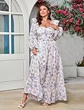 EYWOL Plus Size Dresses for Curvy Women Long Sleeve Maxi Vintage Dress Smocked Blue Floral Dress for Women Long Dresses Baptism