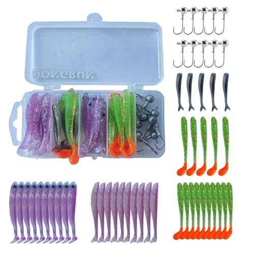 DongRun Fishing Soft Plastic Bait Set, 50 Piece/Box Paddle Tail Lure, Fork Tail Soft Bait, Jig Head Hook, Freshwater Saltwater