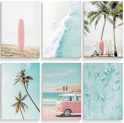 6Pcs Surf Canvas Wall Art Summer Beach Posters Tropical Ocean Coastal Wall Decor Palm Tree Surfboard Seascape Painting Prints Nautical Pictures Gift for Surfers Trendy College Preppy Dorm Unframed