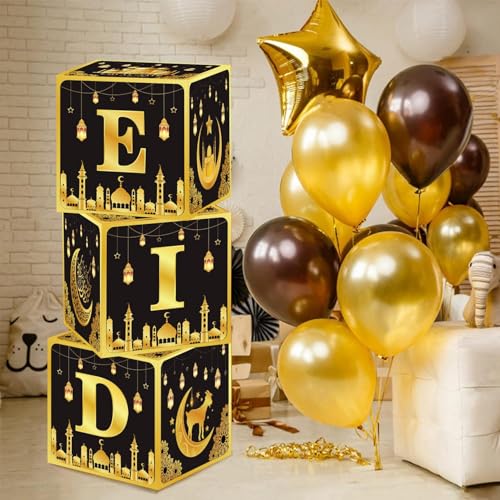 KYMY Eid Mubarak Balloon Boxes, Ramadan Kareem Crescent Moon Mosque Eid Party Decorations Balloons Boxes Set of 3, Islamic Muslim Arabic Festival Balloon Blocks for Al-fitr Adha Hajj Celebration