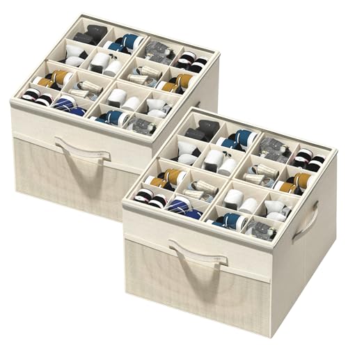 Aokeyee Shoe Organizer for Closet,2 Pack Foldable Shoe Storage Organizer Box Bin with Adjustable Dividers and Clear Cover, Fits up to 16-32 Pairs (Beige)