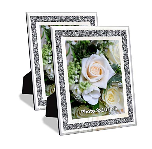 Crushed Diamond Wedding Mirror Photo Frame, Crystal Silver Glass Picture Frame For Photograph Size 8x10 inch, Pack of 2 Pieces, table top Stand frame & Wall Frame. Bling Sparkle Crushed Diamond Home