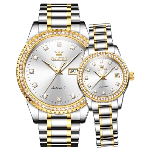 OLEVS Couple Automatic Watch Diamond His and Her Watches Set Matching Romantic Men Women Wrist Waterproof Date Pair Luxury Matching Watches for Lovers White
