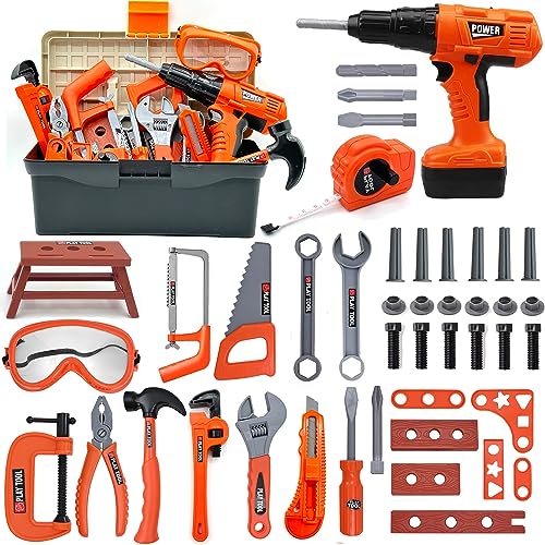 HYRENEE Kids Tool Set – 48 Piece Toddler Tool Set with Electronic Toy Drill& Tool Box,Pretend Play Kids Toys,Construction Kits Toys for Kids Ages 3 4 5 Years Old, Toddler Boy