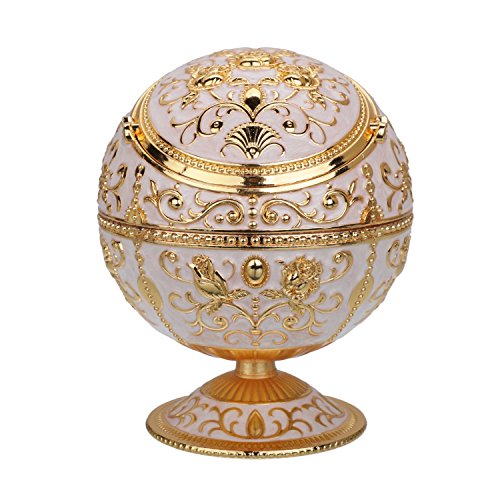 LAUYOO Windproof Ashtray with Lid for Cigarettes Metal Portable Cigar Ashtray Odor Eliminator for Indoor outdoor Hand Stamped Rose Pattern with Sparkle Fancy Gift for Men Women(Jade white-Gold Rose)