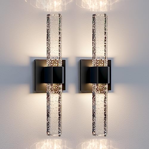 Epinl Black Sconces Wall Lighting - Modern Wall Sconces Set of Two Crystal Sconces Wall Decor Set of 2, 14W 3000K Dimmable Bathroom Vanity Light Fixtures for Hallway Bedroom Living Room