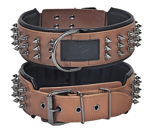 Kawagogo Spiked Real Leather Dog Collar，Handmade Dog Collar for Large Dogs，2.2 Inches Wide，German Shepherd Pitbull Doberman (Brown, 22''-25'')