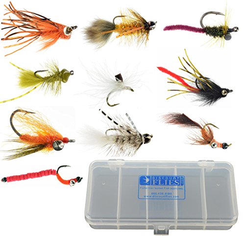 DiscountFlies Carp Fishing Fly Fishing Flies – Fly Fishing Kit + Fly Box – Realistic & Highly Effective Fly Fishing Gear – Carp Flies for Fly Fishing on Strong, Sharp Hooks (10 Flies)