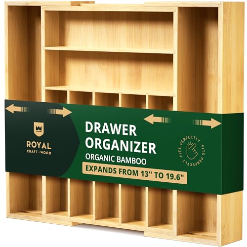 Luxury Bamboo Kitchen Drawer Organizer - Silverware Organizer - Utensil Holder and Cutlery Tray with Grooved Drawer Dividers for Flatware and Kitchen Utensils (9 Slot, Natural)