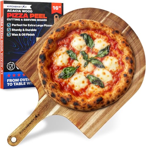 Wooden Pizza Peel 16 Inch - Acacia Wood Pizza Board for Pizza Making, Sliding, Cutting & Serving - Food Oil Processed Paddle Spatula w Handle & Hanging Loop - Pizza Oven Accessories by KitchenStar